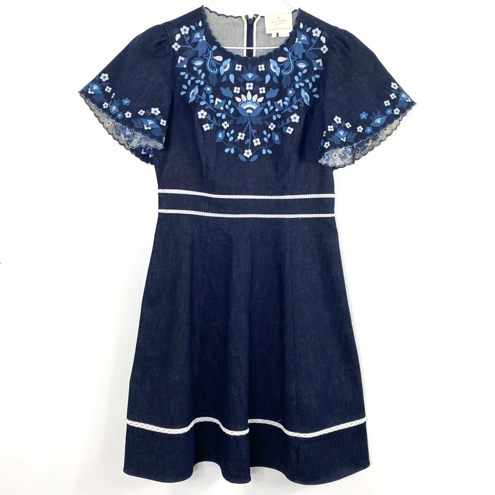 KATE Spade Rare Floral Embroidered Ruffle Short- Sleeve Denim Flare Dress